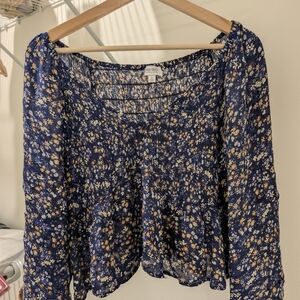 True Craft Navy Floral Long-Sleeve Peasant Top with Yellow & White Blooms